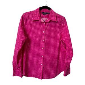 Lauren Ralph Lauren Shirt Womens L Pink Polka Dot Non-Iron Button Up Long Sleeve